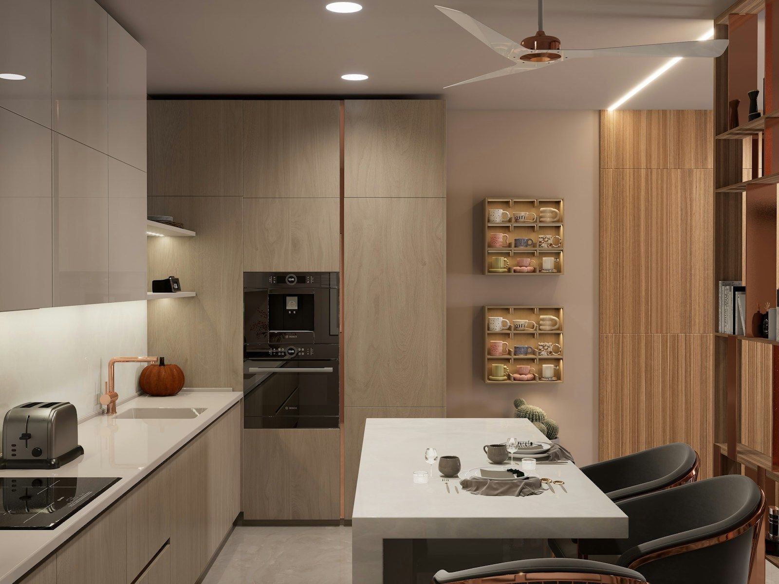 Modular kitchen with wood-finish cabinets and a white counter
