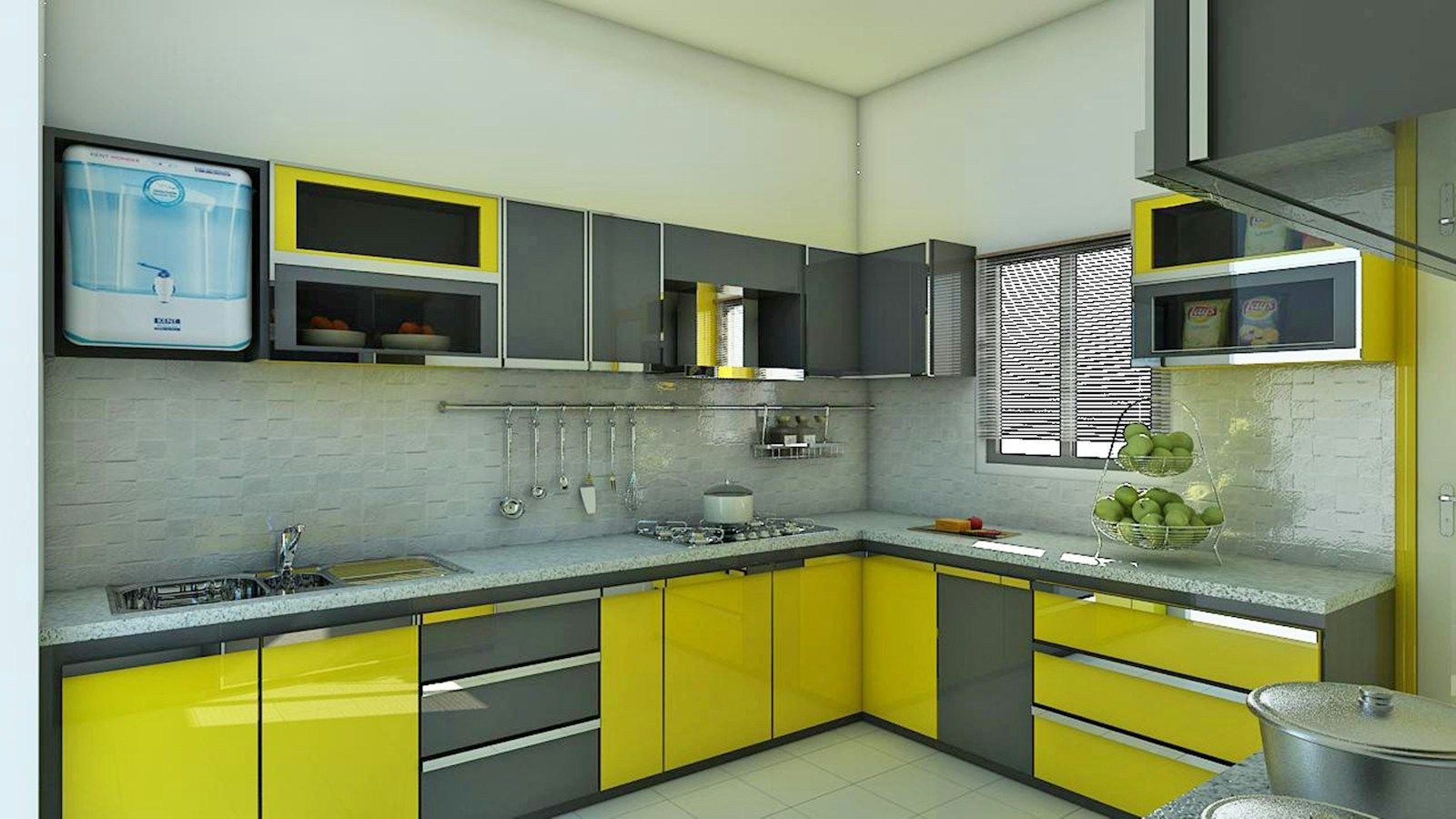 L-shaped modular kitchen with yellow and grey cabinets