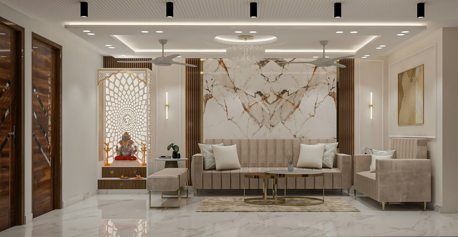 Living room with a carved screen, a beige sofa set and a marble feature wall