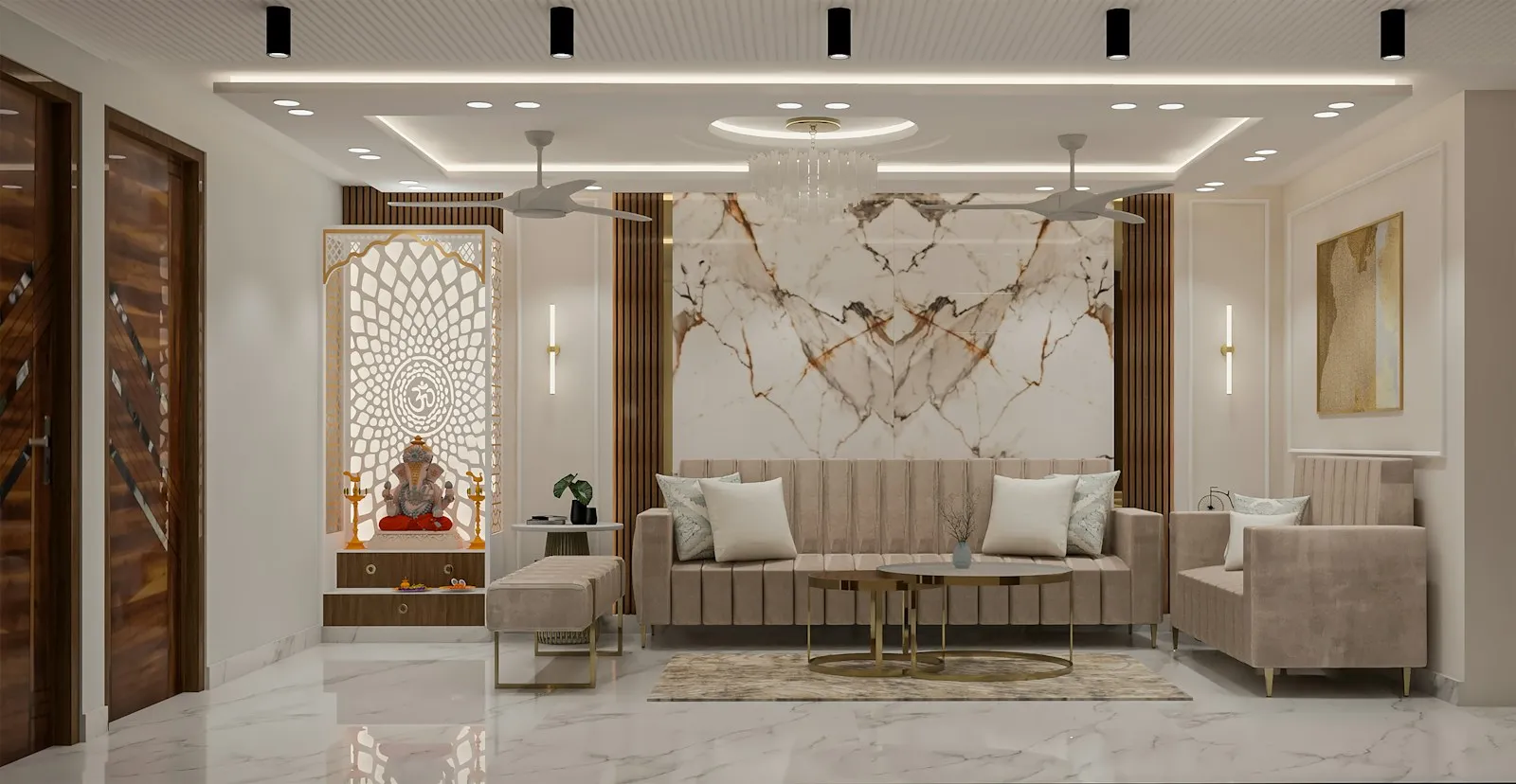 Living room with a carved screen, a beige sofa set and a marble feature wall