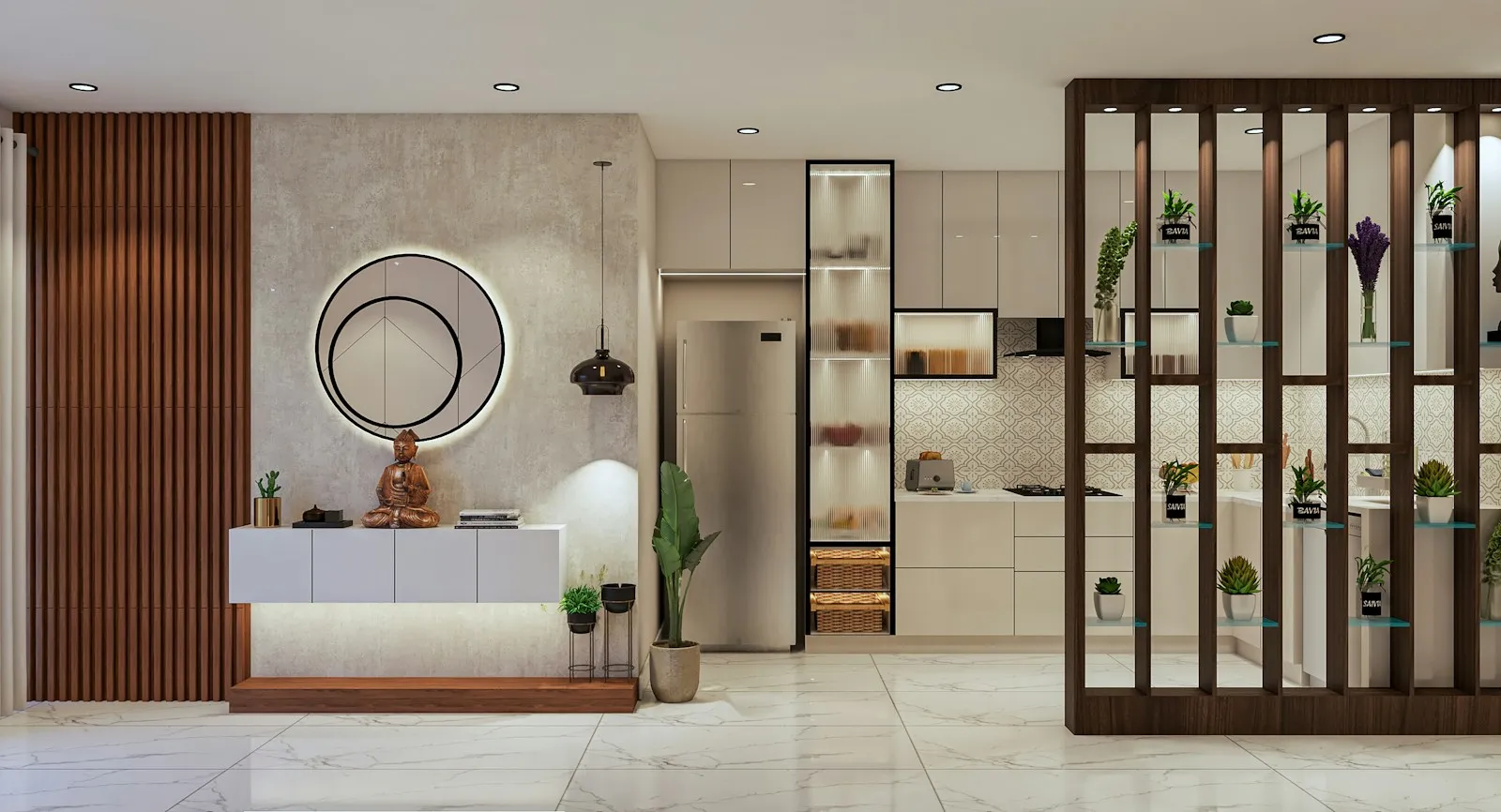 Entrance area with a console table, a round mirror and a shelf divider