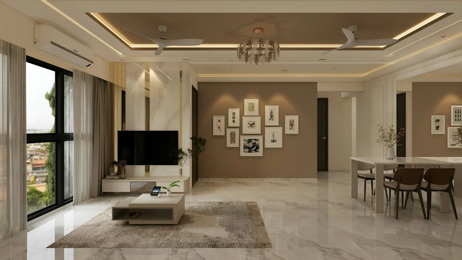 Large living and dining room with a marble floor and a wall-mounted TV