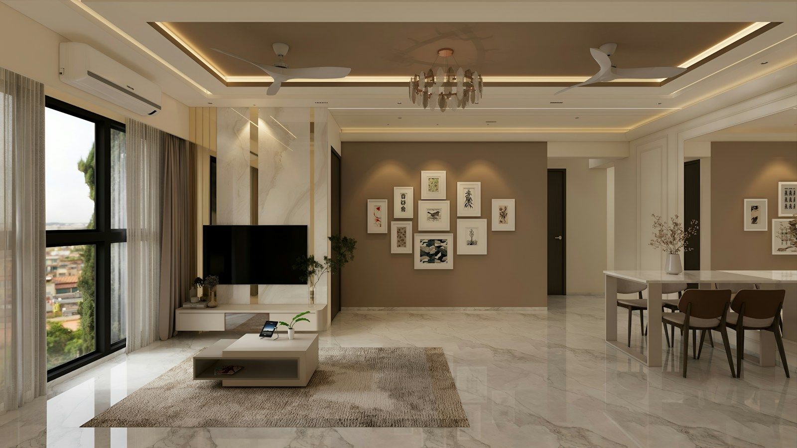 Large living and dining room with a marble floor and a wall-mounted TV