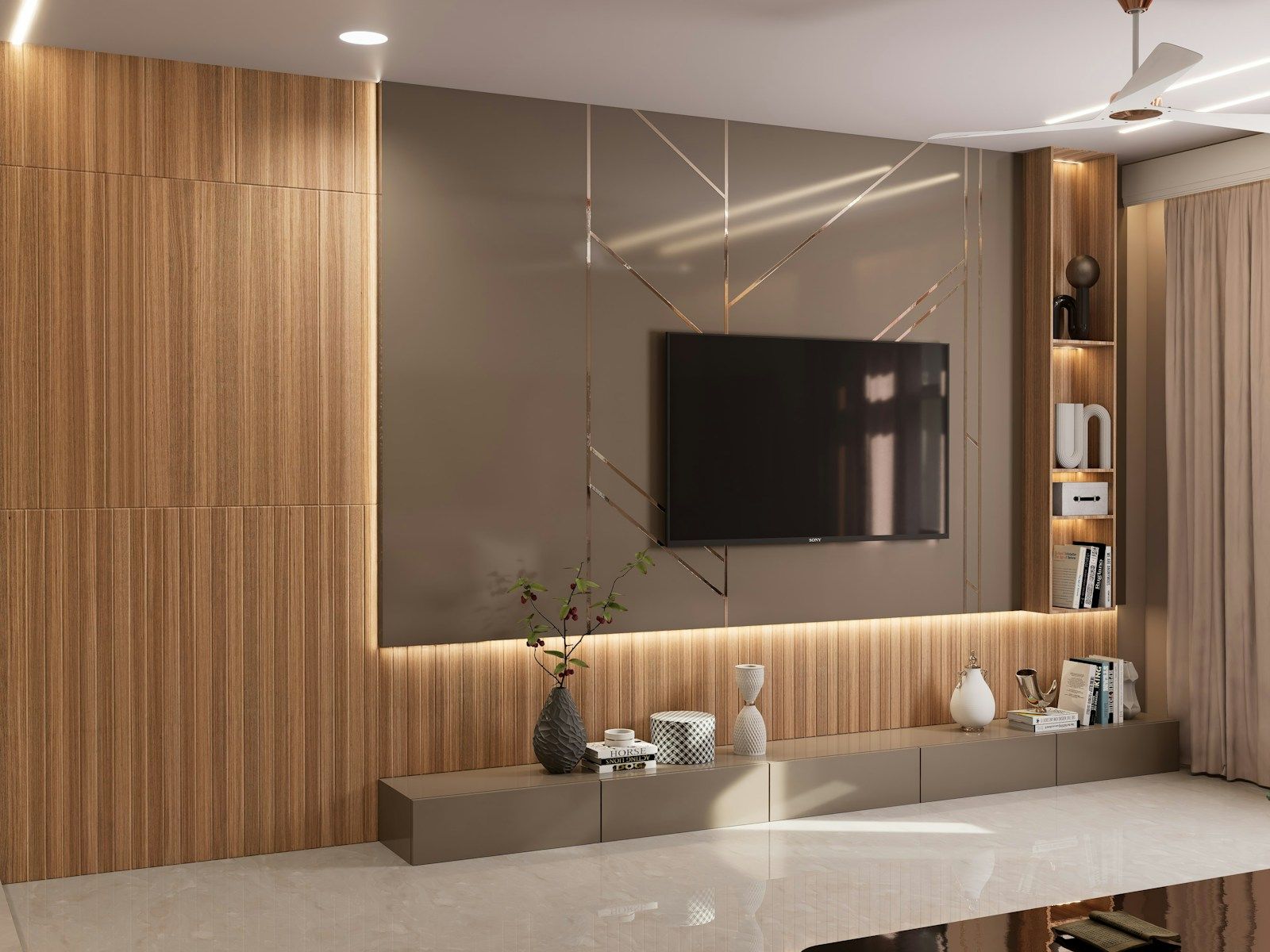 Living room with a wall-mounted TV on a wooden panel and a low unit
