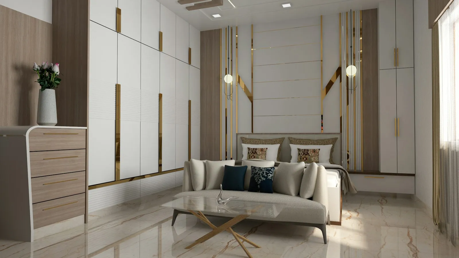 Small living area with a cream sofa and tall wardrobes
